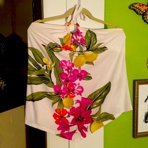 International concepts halter open back tank top with lemons and orchids print